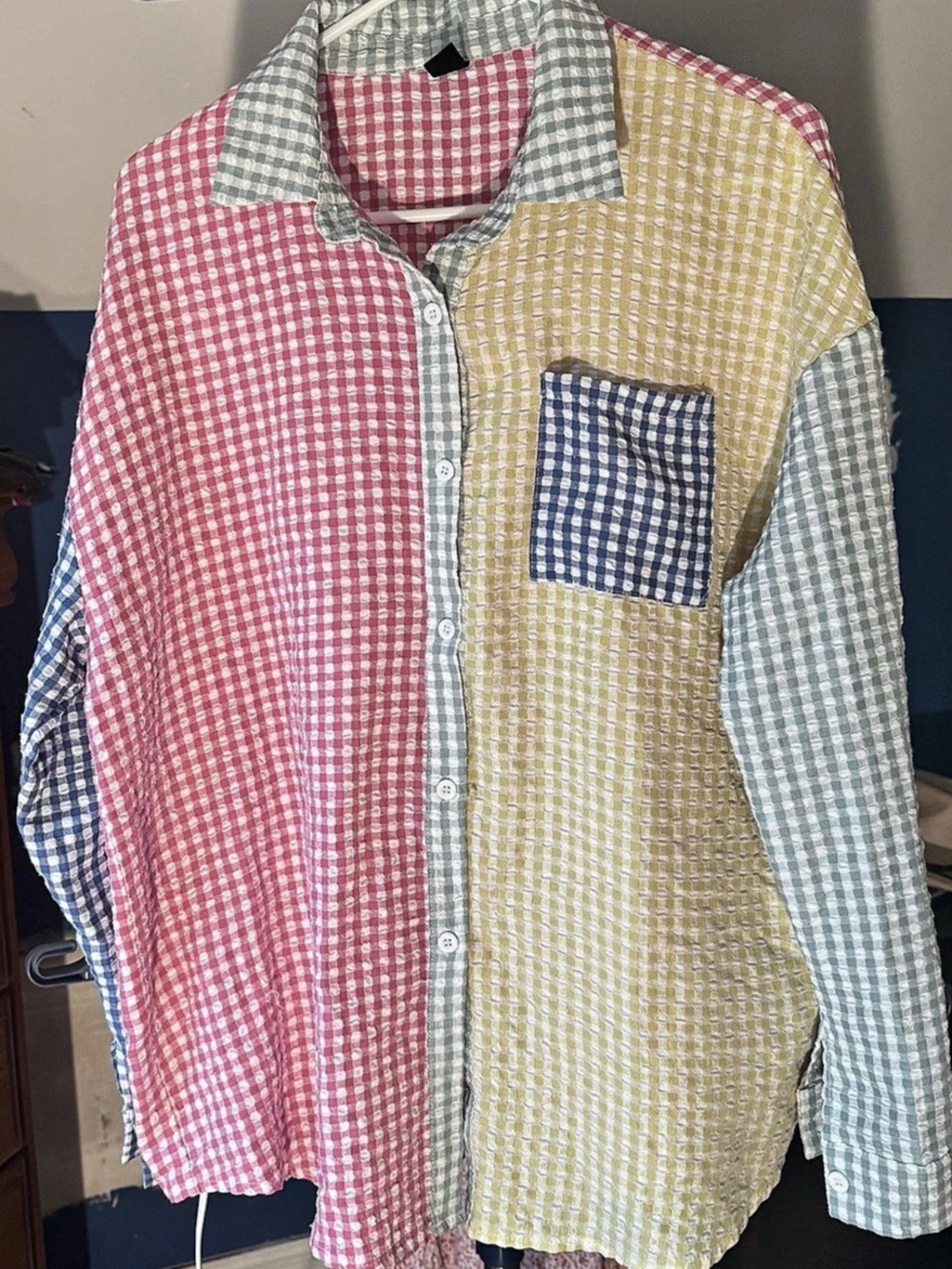 SHEIN Gingham Color Block Button Down Shirt Size XL